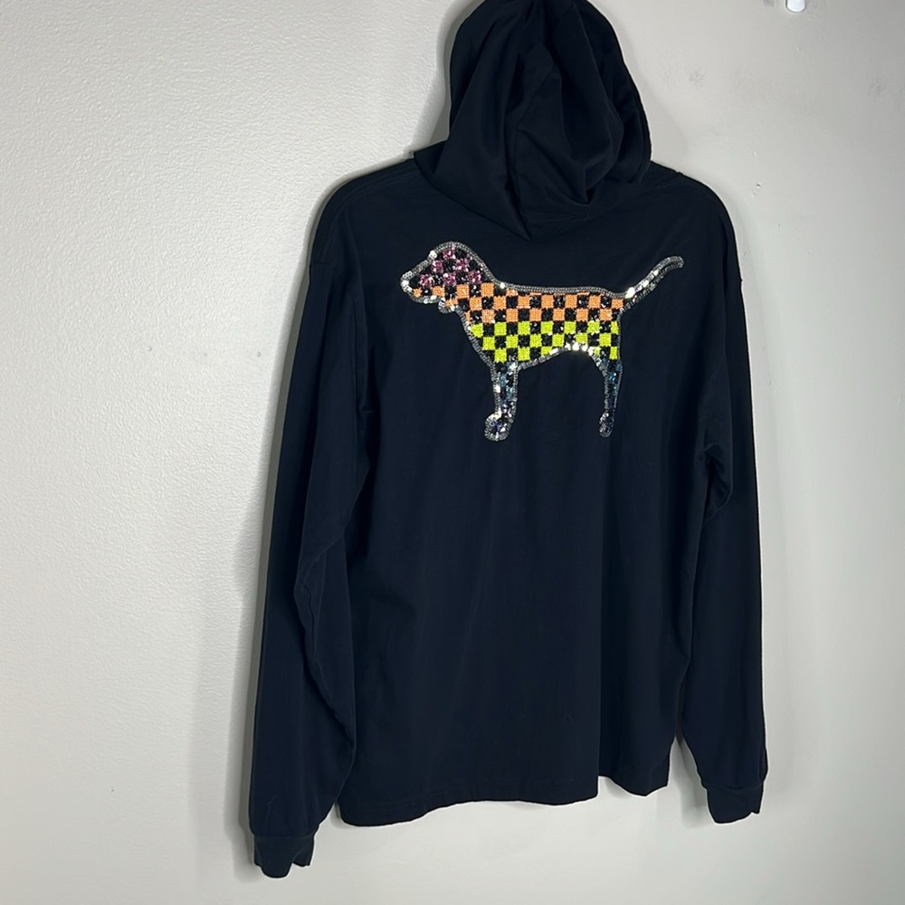 Victoria’s Secret PINK Rainbow Sequined Checkered Dog Hooded Tee size Large - Picture 12 of 15